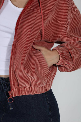 Washed Corduroy Zip Up Hoodie Bomber