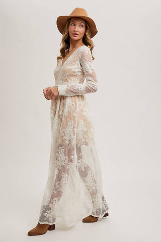 BOHO FLORAL LACE V-NECK MAXI DRESS WITH LINING: ECRU / L