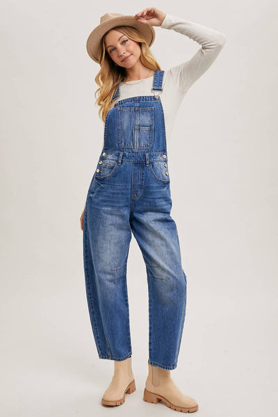 DENIM BARREL OVERALLS: DK.WASH / L