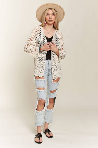 LET3546- CROCHET CARDIGAN WITH SCALLOP HEM: BEIGE / S/M