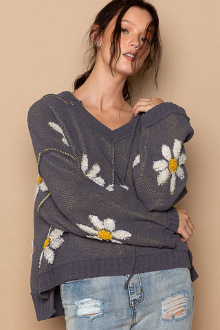 Hooded v-neck floral pattern ribbed openings sweater SALE: CHARCOAL / S