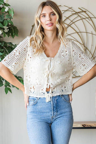 Knit Floral Tie Front Top