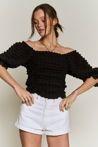 Bubble sleeve textured knit top (plus size available): L / BLACK