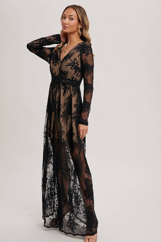 BOHO FLORAL LACE V-NECK MAXI DRESS WITH LINING: ECRU / M