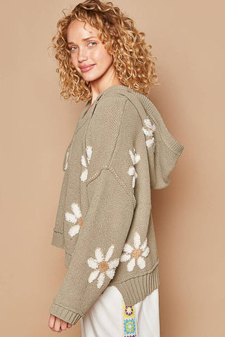 Hooded v-neck floral pattern ribbed openings sweater SALE: CHARCOAL / S