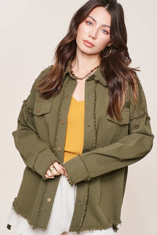 JKT1760-Loose Fit Cut Edge Snap Button Down Jacket: Olive / L