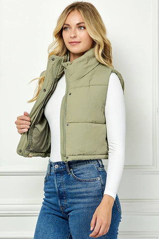 Lightweig Padded Crop Puffer Vest, Sleeveless Puffer Vest: Khaki / L