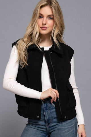Notched Collar Soft Felt Zip Up Vest
