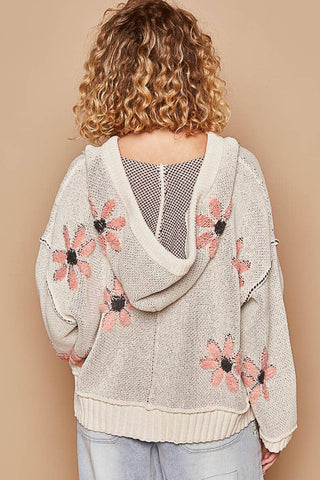 Hooded v-neck floral pattern ribbed openings sweater SALE: CHARCOAL / S