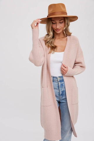 RIBBED OPEN FRONT CARDIGAN: BLUSH / M/L