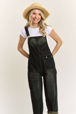 LEJP3648- WASHED DENIM CASUAL OVERALLS: DENIM BLACK / M