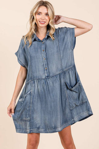 WASHED CHAMBRAY PATCH POCKET SHIRT MINI DRESS: DARK DENIM / L