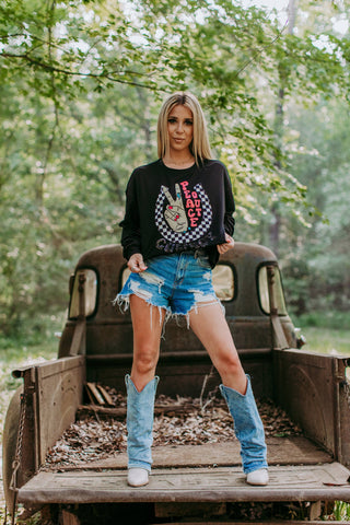 MK508 Peace Out Sequins&Checker Patches Sweatshirt: Black / L