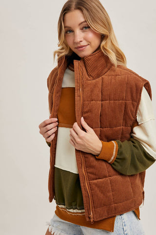 CORDUROY QUILTED PUFFER VEST: ECRU / M