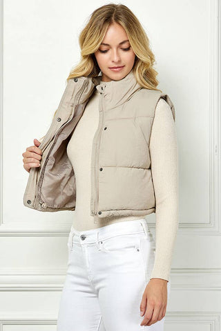 Lightweig Padded Crop Puffer Vest, Sleeveless Puffer Vest: Khaki / L