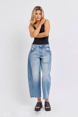 Mid Waisted Barrel Jeans with Side Panels WV79502BR-MD: 1