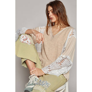 V-neck long flare sleeve lace detail solid top: BEIGE / L