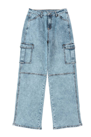 Sky Blue Cool Cargo Style Wide Leg Jeans: Sky Blue / 12 / 71.5%Cotton+25%Polyester+2%Viscose+1.5%Elastane