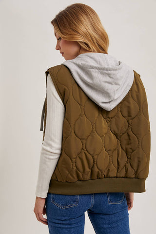 ZIPPER FRONT QUILTED PUFFER VEST CONTRAST HOODIE: ARMY GREEN / S/M