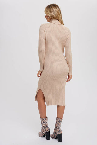 TURTLENECK RIBBED SWEATER MIDI DRESS: CHOCOLATE / S