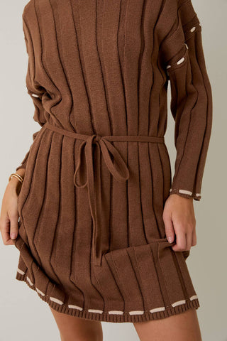 3/4 SLEEVE STITCH DETAIL MINI SWEATER DRESS