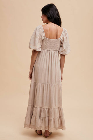 LACE INSET MAXI DRESS: LINEN / L