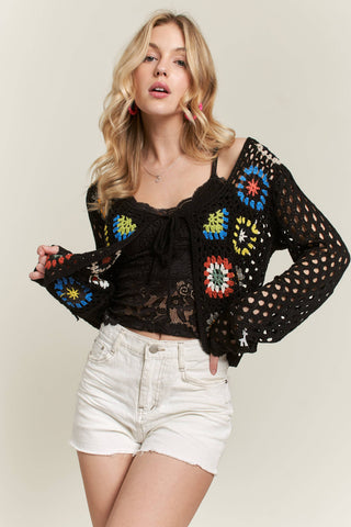 CESW3574 - FRONT TIE CROCHET CARDIGAN: WHITE / S