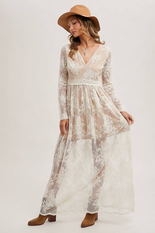 BOHO FLORAL LACE V-NECK MAXI DRESS WITH LINING: ECRU / M