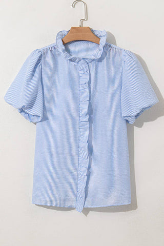 LDC Blue Striped Ruffle Short Bubble Sleeve Top