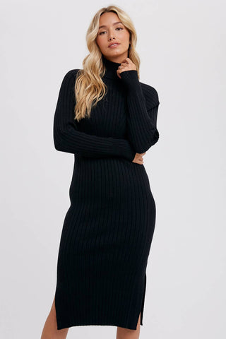 TURTLENECK RIBBED SWEATER MIDI DRESS: CHOCOLATE / S