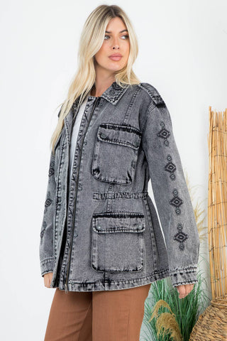 Stone Washed Anorak Jacket w/ Aztec Embroidery