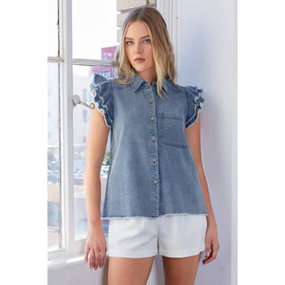 WASHED DENIM RUFFLE SHORT SLEEVE COLLARED SHIRT