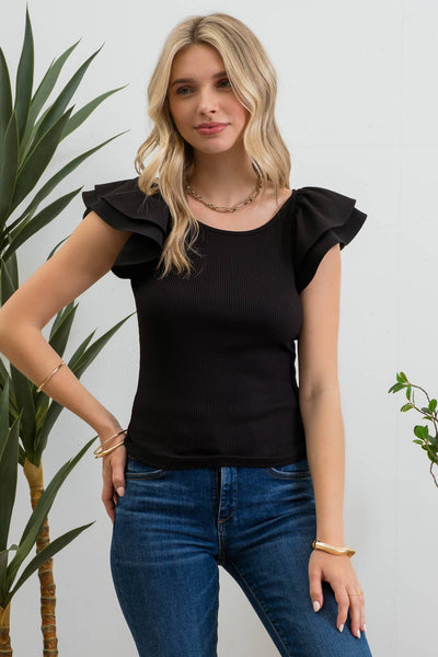 DOUBLE RUFFLE SLEEVE RIBBED KNIT TOP (PRE-ORDER): BLACK