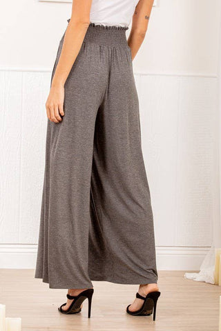 SP1123-10 FOLD OVER WIDE LEG SOLID PANTS WITH SMOCKED: 2-2-2 (1X-2X-3X) / CHARCOAL