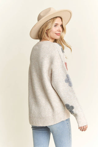 LESW3591X - PLUS PUFF FLOWER COMFY SWEATER: BEIGE / 1XL