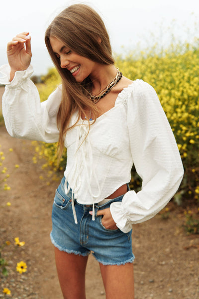 STRAP FRONT CORSET LOOK LONG PUFF SLEEVE BLOUSE: S / White