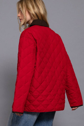 Long Sleeve Contrast Lapel Collar Quilted Puffer Work Jacket