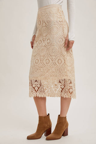 LACE MIDI SKIRT WITH INNER LINING: Beige / S