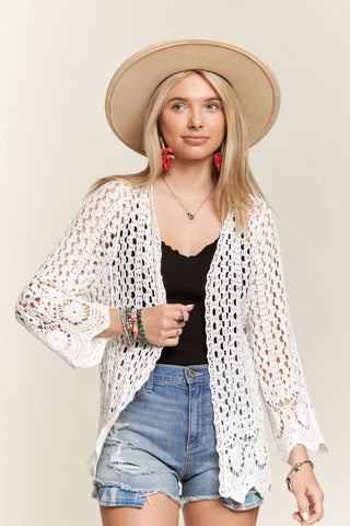 LET3546- CROCHET CARDIGAN WITH SCALLOP HEM: BEIGE / S/M