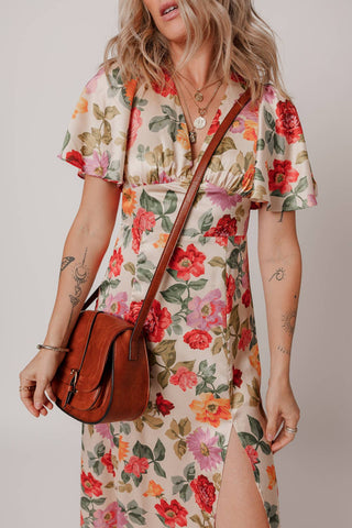 LDC Vintage Floral V Neck Short Sleeve Tie Back Dress