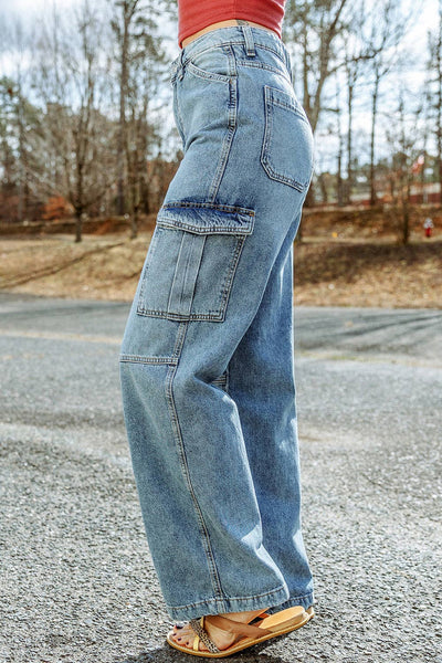 Sky Blue Cool Cargo Style Wide Leg Jeans: Sky Blue / 12 / 71.5%Cotton+25%Polyester+2%Viscose+1.5%Elastane