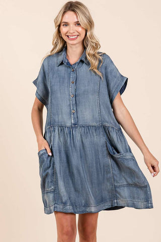 WASHED CHAMBRAY PATCH POCKET SHIRT MINI DRESS: DARK DENIM / L