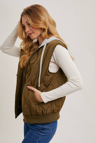 ZIPPER FRONT QUILTED PUFFER VEST CONTRAST HOODIE: ARMY GREEN / S/M