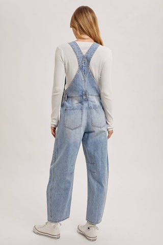 DENIM BARREL OVERALLS: DK.WASH / M