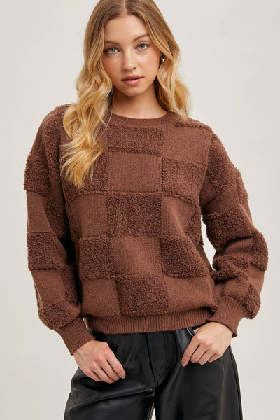 CHECKERED SHERPA ROUND NECK KNIT SWEATER: Beige / M/L