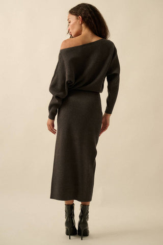 Rib-Knit One-Shoulder Dolman Midi Sweater Dress