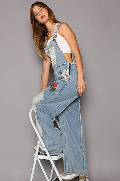 Floral patchwork embroidery overall: M / STRIPE DENIM