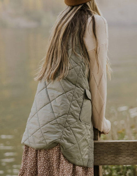 Quilted Long Vest Jacket with Pockets: S / Green