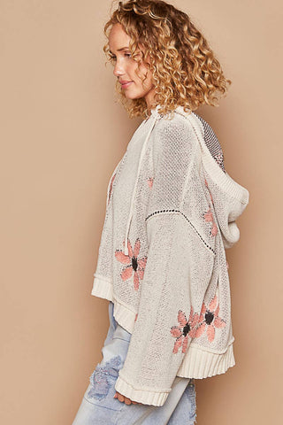 Hooded v-neck floral pattern ribbed openings sweater SALE: CHARCOAL / S