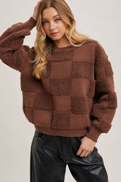 CHECKERED SHERPA ROUND NECK KNIT SWEATER: Beige / M/L